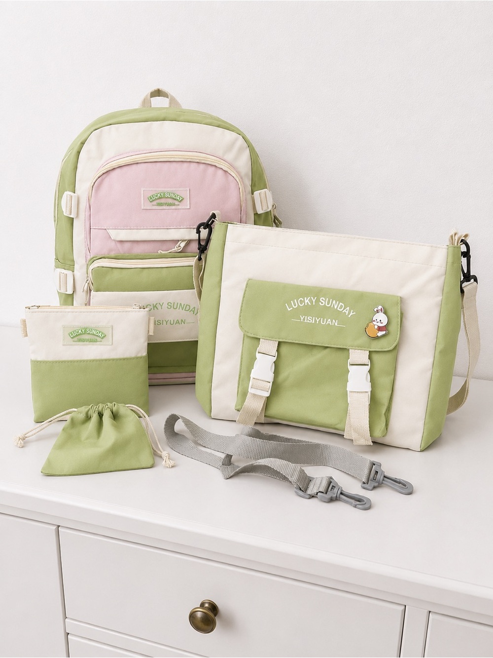 Lucky Sunday 4-Piece Pastel Green Backpack Set School Travel Messenger Bags